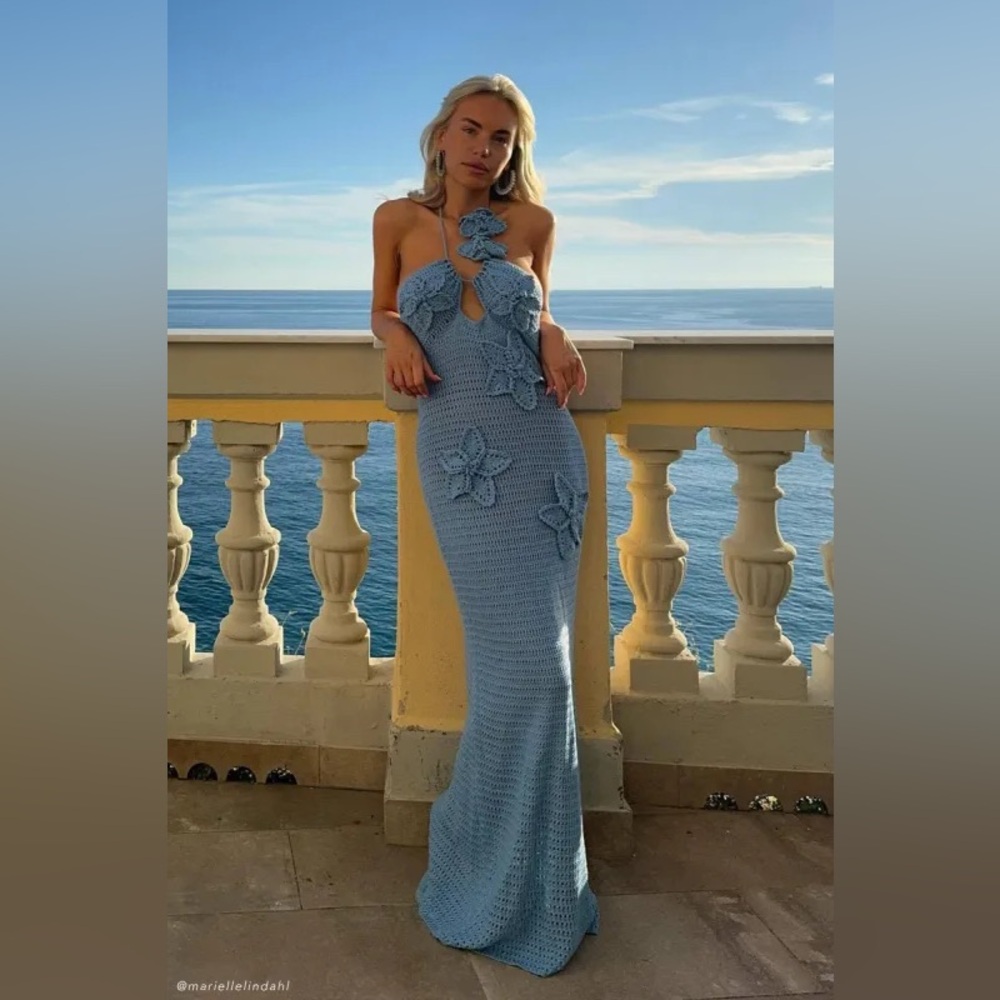 NWT Meshki Kyla Blue Crochet Halter Dress